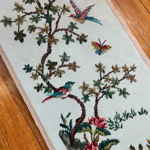 Vintage Needlepoint Peacock Wall Art with Birds, Butterflies & Botanicals - Picture 5 of 11